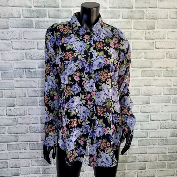 Vintage 80s Erica Simone Womens M Sheer Floral Chiffon Poly Popover Button Up‎ - Picture 1 of 9